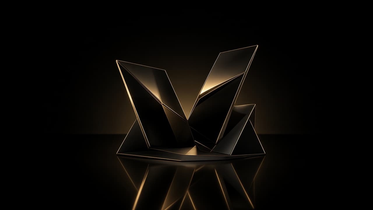 Abstract black prisms edged with gold light, representing precision-engineered software